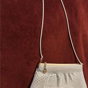 White and Black Grid Crossbody Bag with Gold Accent